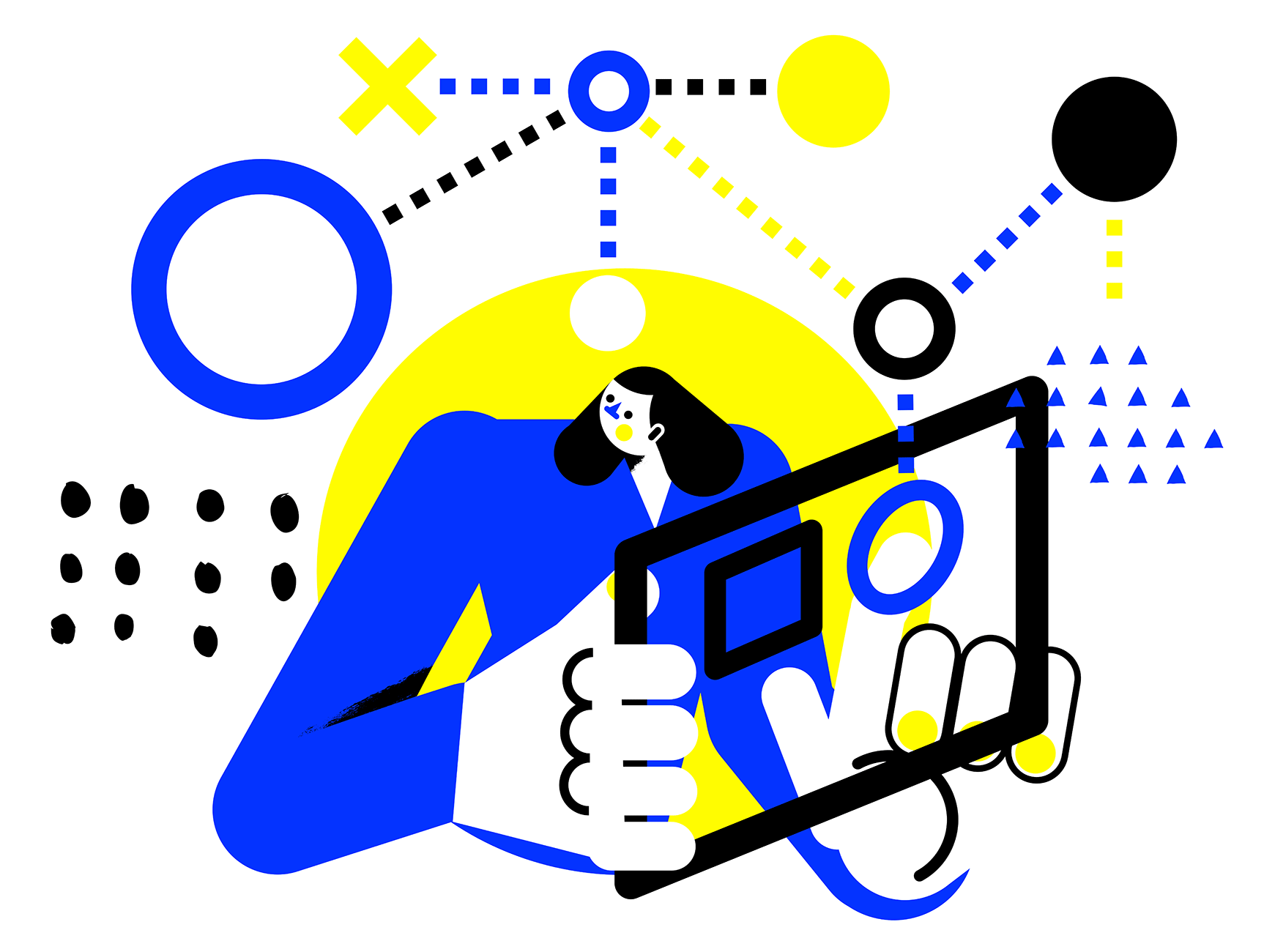 Illustration of a designer holding a tablet, surrounded by abstract geometric shapes representing digital design elements