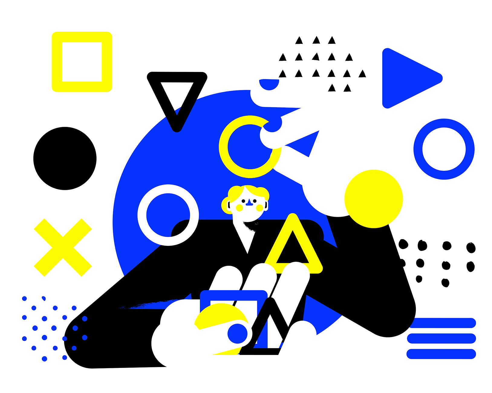 Illustration of a person reviewing a device, surrounded by abstract geometric shapes representing research and analysis
